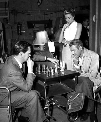 Jimmy Stewart, Grace Kelly and Wendell Corey on the set of “Rear Window” (1954)